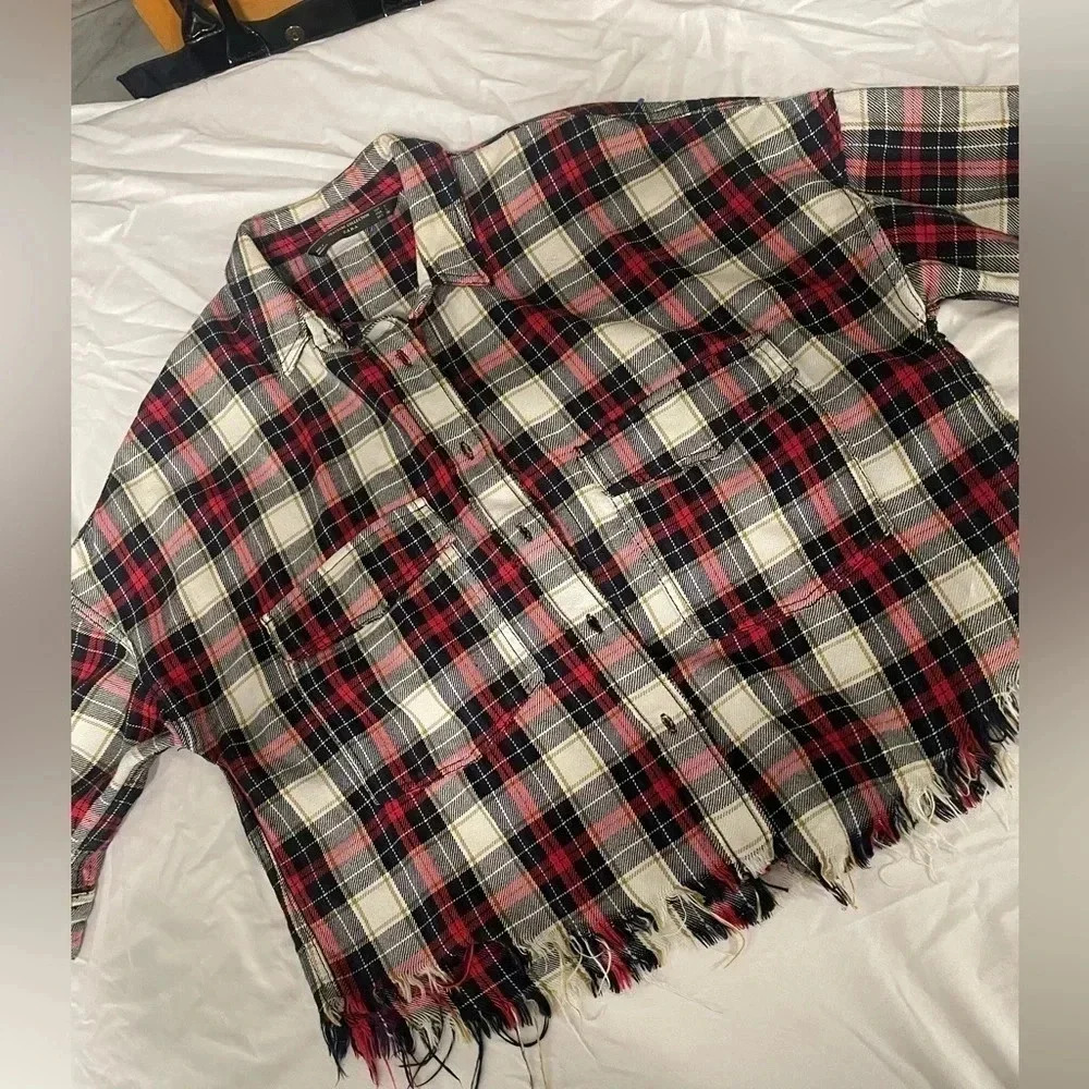 Zara Red Black Cream Plaid Fringe Button-Down Shirt